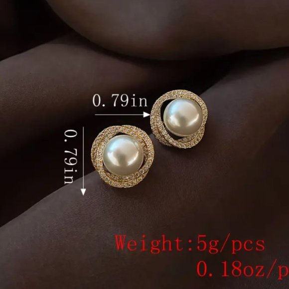 Elegant 18k Gold Plated Pearl Stud Spiral Rhinestones Earrings - Picture 6 of 8